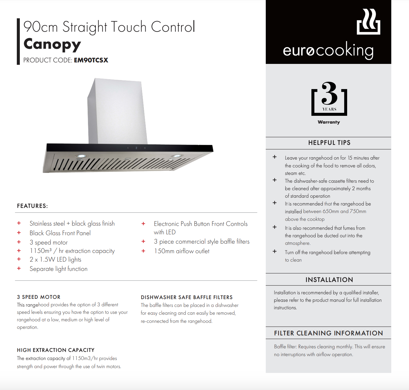 Euro Appliances EM90TCSX 90cm Stainless Steel Canopy Rangehood