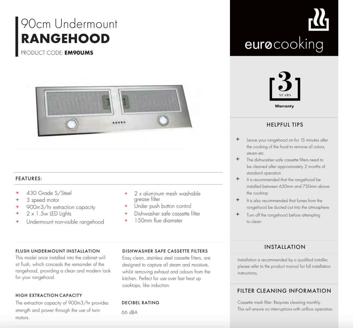 Euro Appliances EM90UMS 90cm Stainless Steel Undermount Rangehood - Clearance Discount
