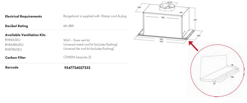 Euro Appliances EM90UMS 90cm Stainless Steel Undermount Rangehood - Clearance Discount