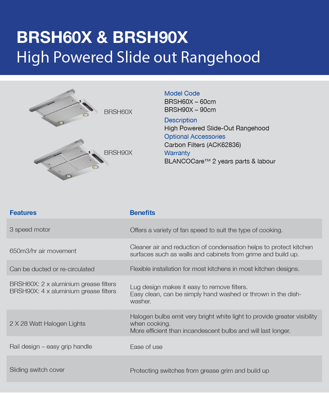 Blanco BRSH60X High Extraction Slide Out Rangehood