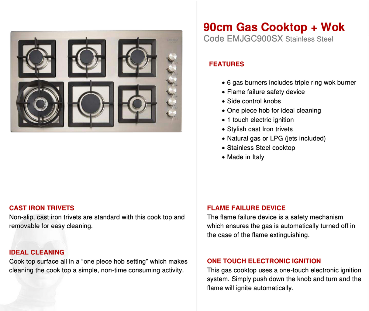 Euro Appliances Premium Series Italian Made EMJGC900SX 90cm Stainless Steel Gas Cooktop
