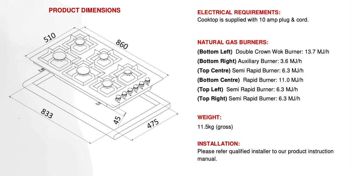 Euro Appliances Premium Series Italian Made EMJGC900SX 90cm Stainless Steel Gas Cooktop