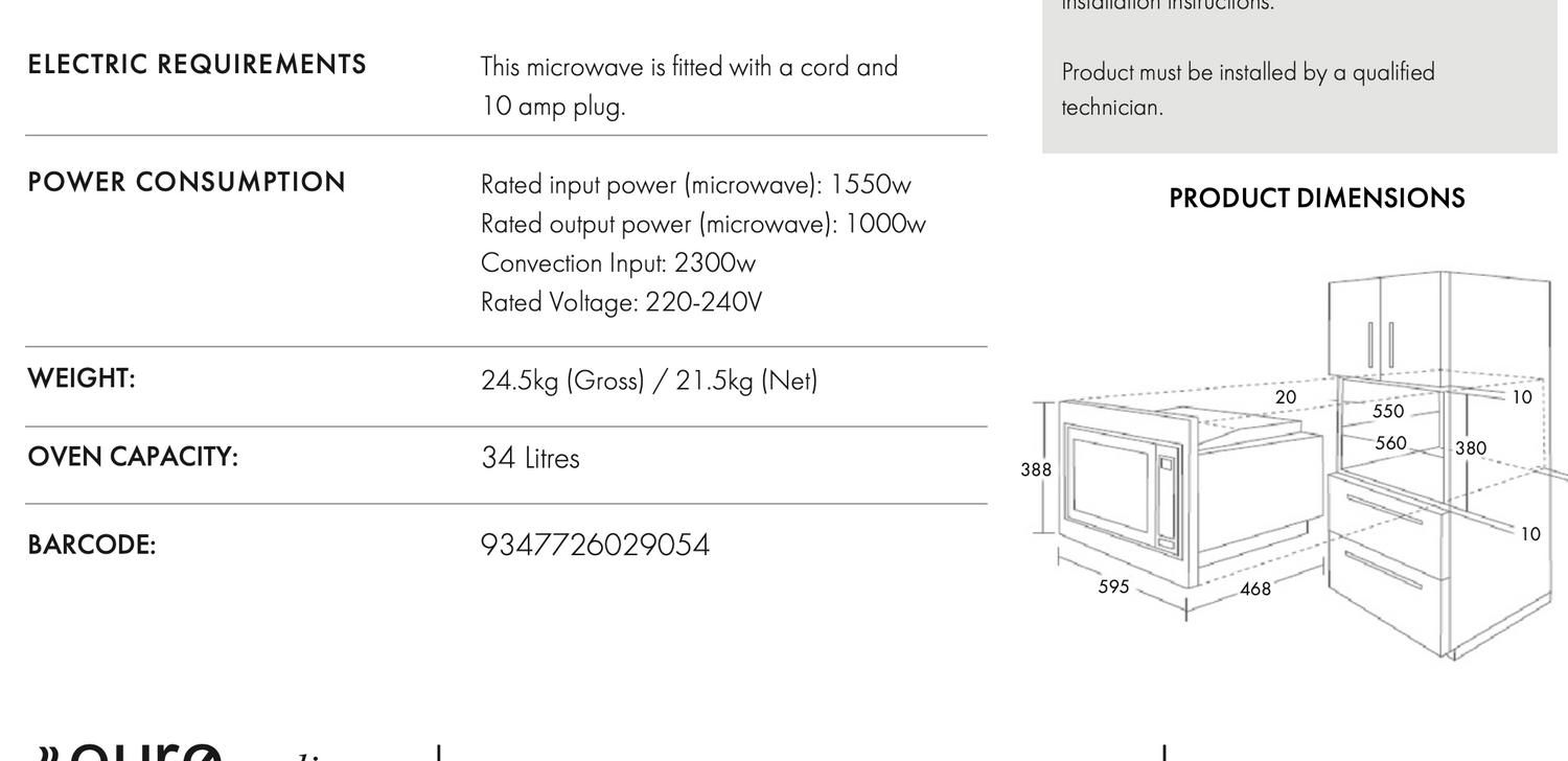 Euro Appliances EMW34TBK 34L Black Finish Touch Control Convection Microwave - Ex Display Discount