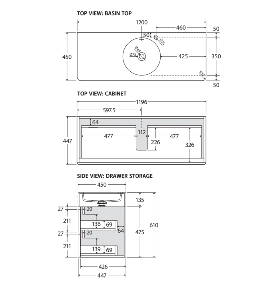Fienza EN120WC Australian Made Encanto 1200 Centre Bowl Wall Hung Vanity, Ultra White Matt