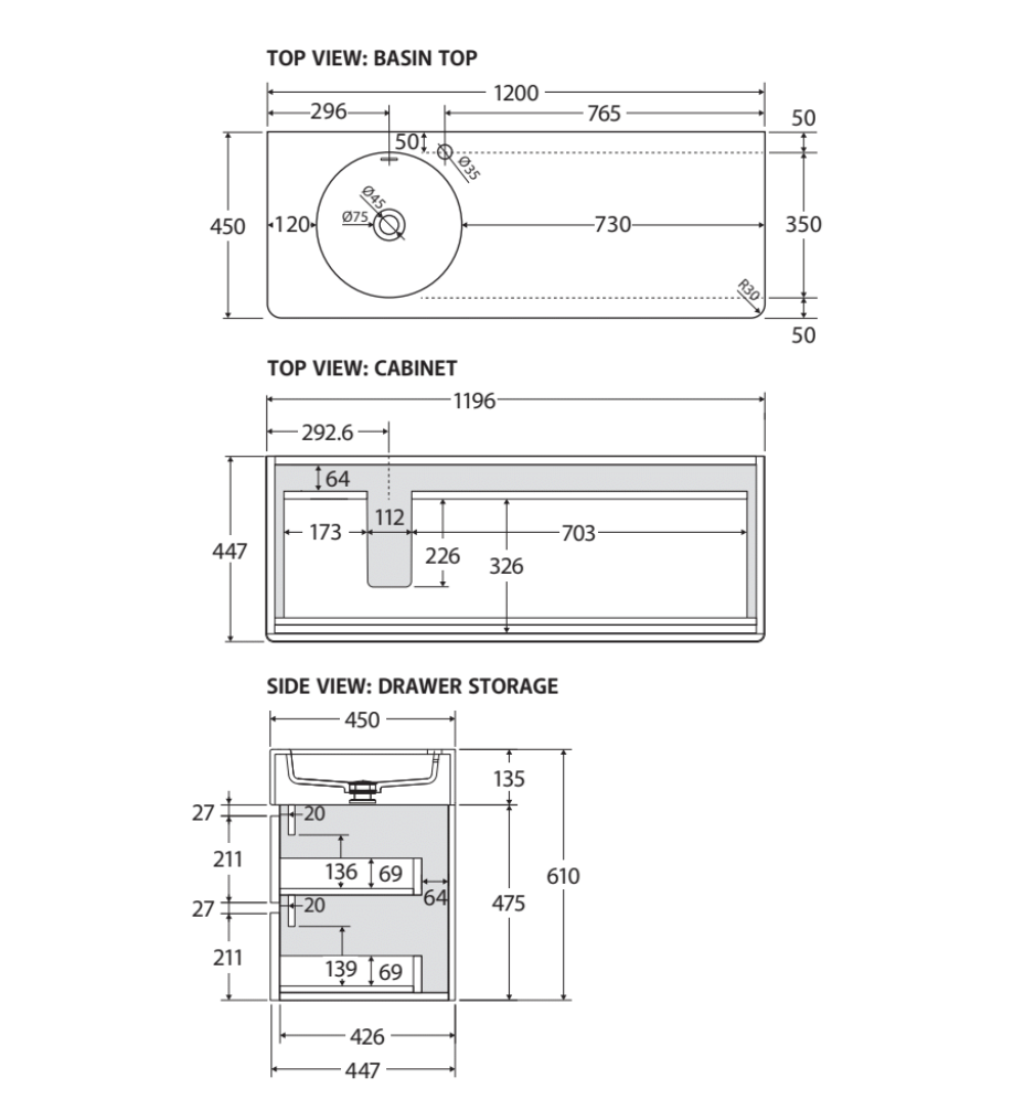Fienza EN120WL Australian Made Encanto 1200 Left Bowl Wall Hung Vanity, Ultra White Matt