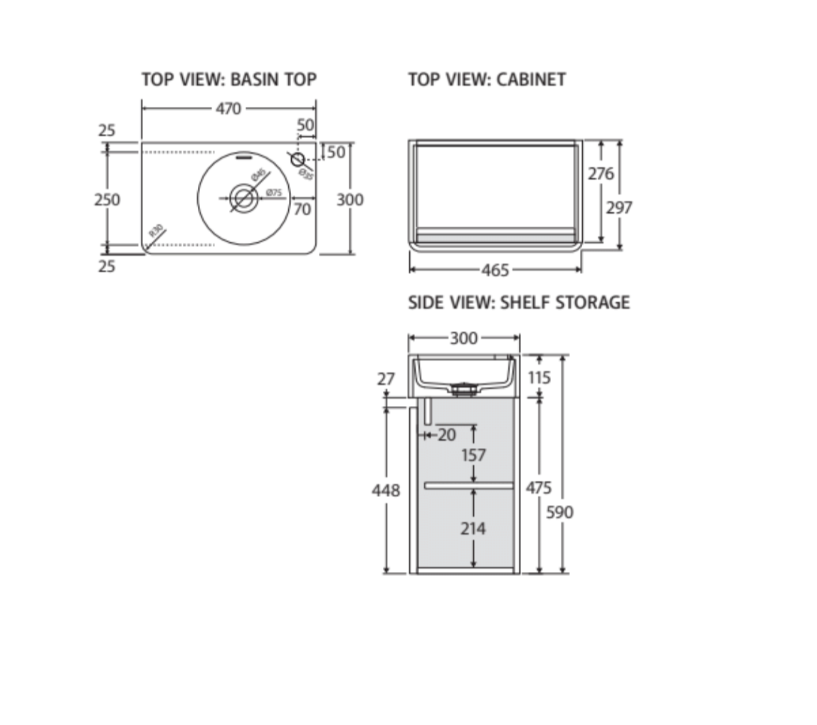 Fienza EN47WR Australian Made Encanto 470 Wall Hung Vantiy, Ultra White Matt