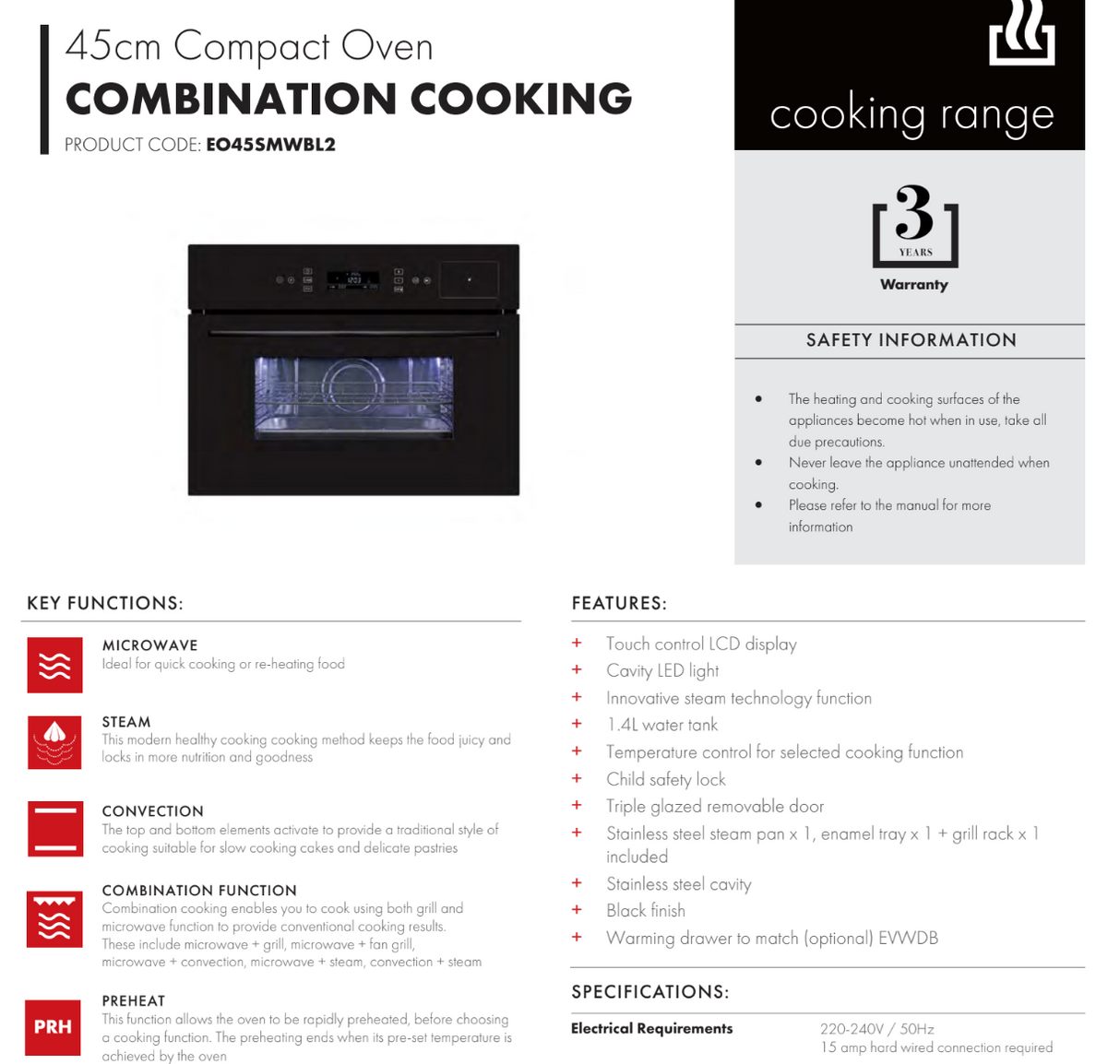 Euro Appliances EO45SMWBL2 45cm Black Glass Compact Oven, Steam, Microwave & Grill
