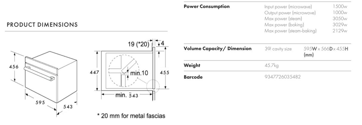 Euro Appliances EO45SMWBL2 45cm Black Glass Compact Oven, Steam, Microwave & Grill