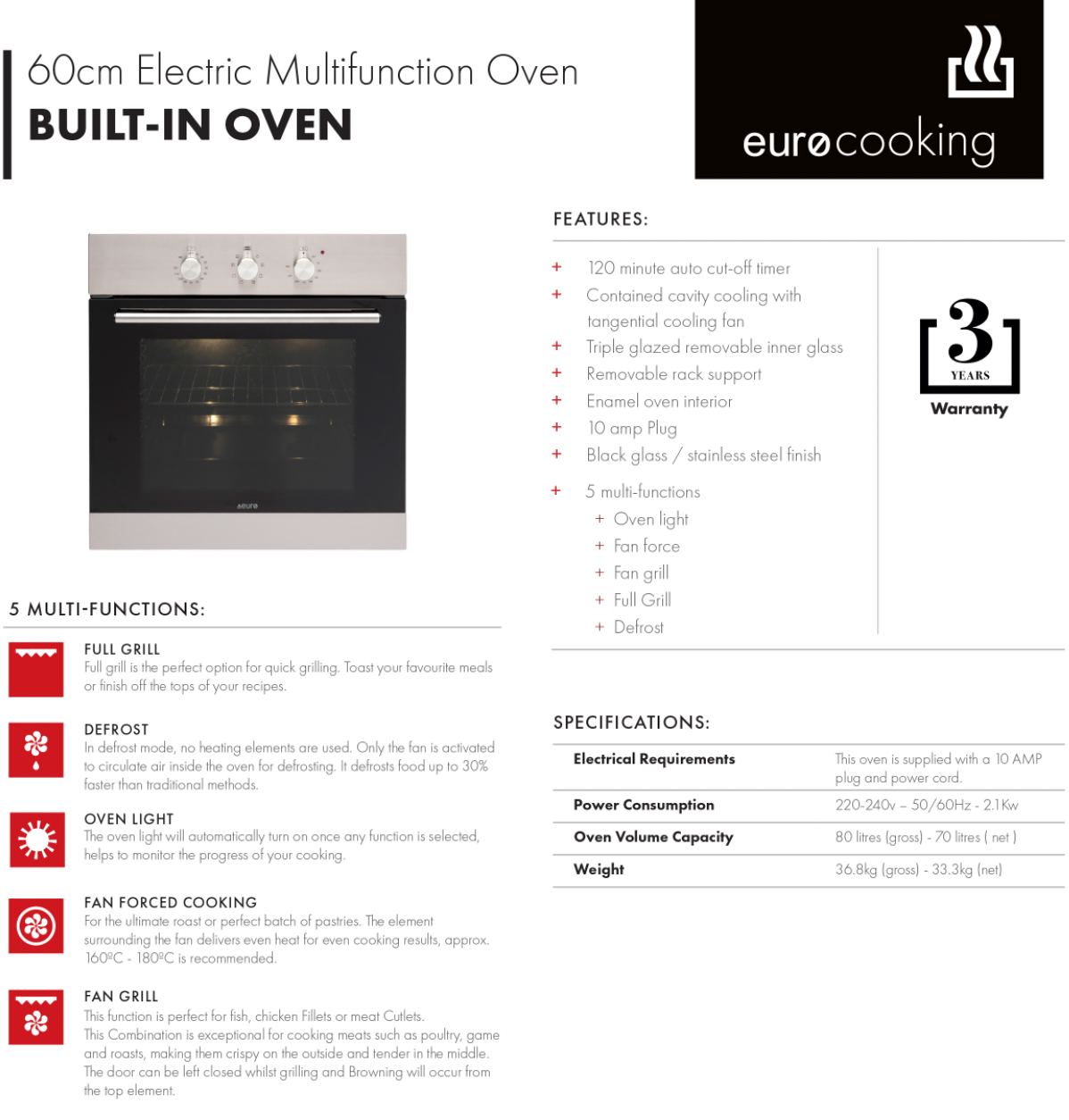 Euro EO6004ASX 60cm Stainless Steel Fan Forced Oven, 10amp Plug Connection