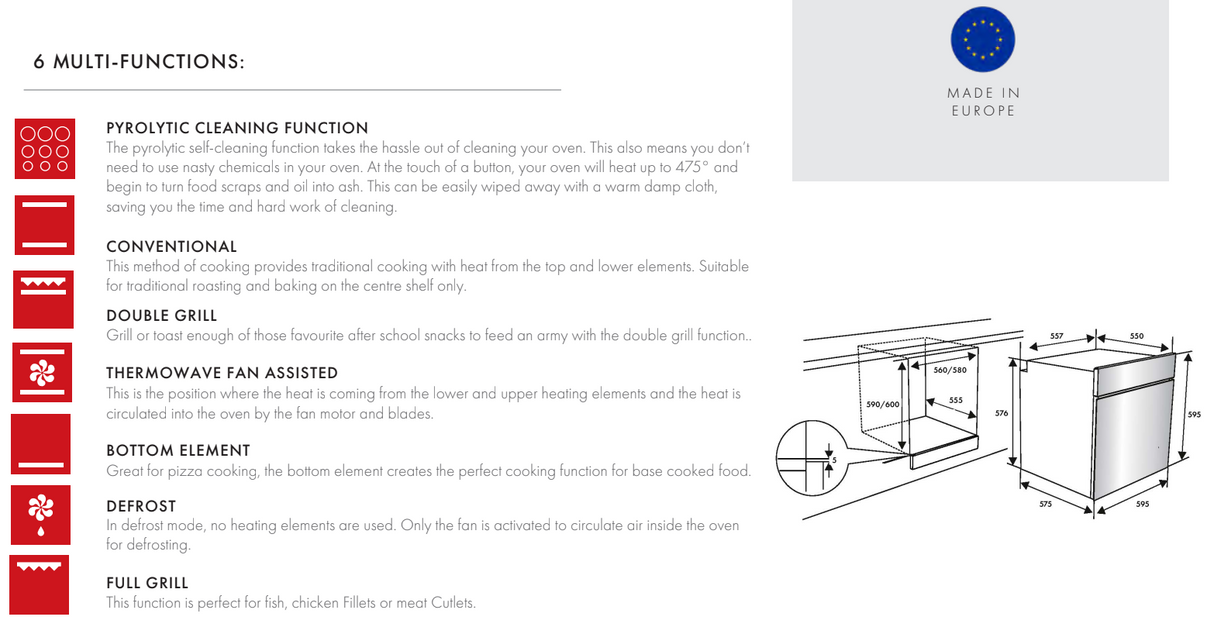Euro Appliances EO606VPYBK 60cm Pyrolytic Electric Oven - Special Order