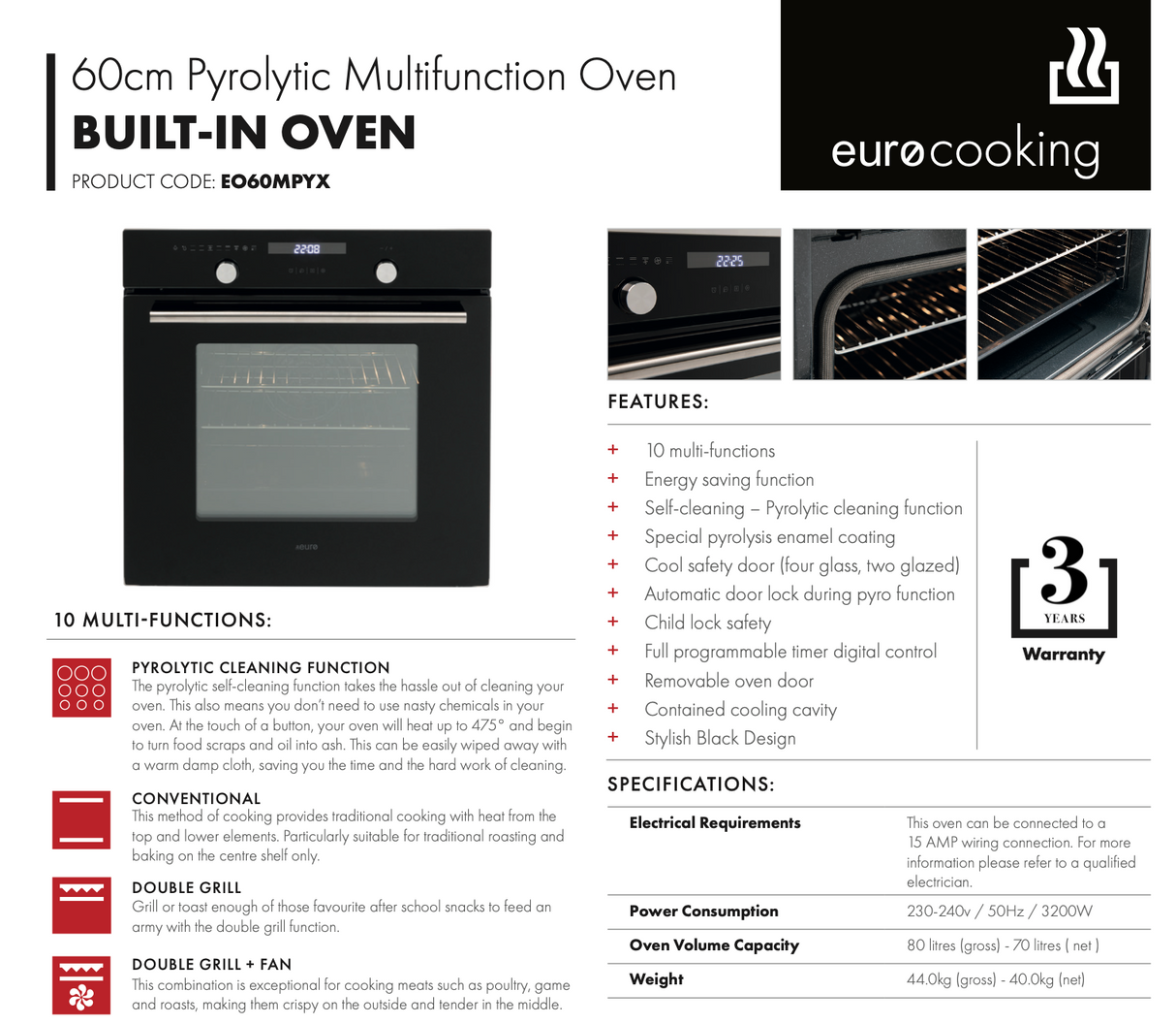 Euro Appliances EO60MPYX 60cm Pyrolytic Electric Oven - Ex Display Discount