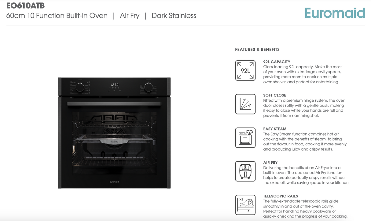 Euromaid EO610ATB 60cm 10 Function Built-in Oven with Air Fry, Black Glass - Ex Display Discount