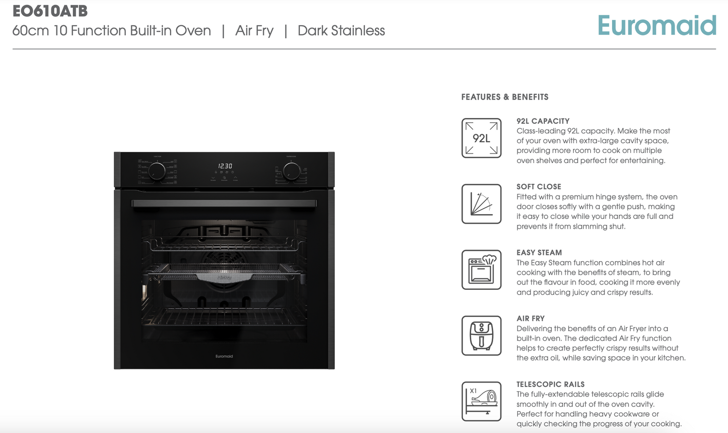 Euromaid EO610ATB 60cm 10 Function Built-in Oven with Air Fry, Black Glass - Ex Display Discount