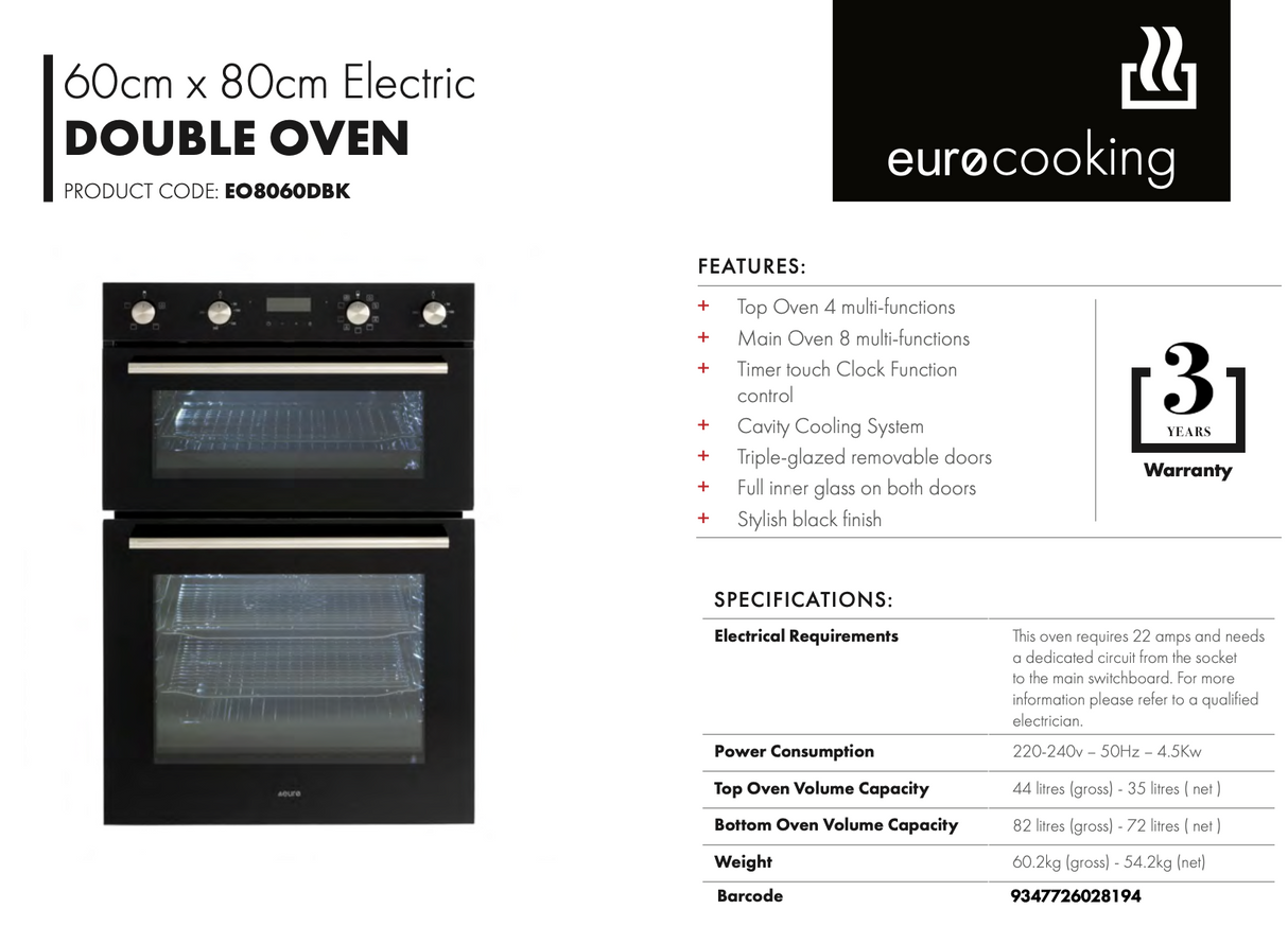 Euro Appliances EO8060DBK Black Glass Electric Multifunction Duo Wall Oven - Ex Display Discount