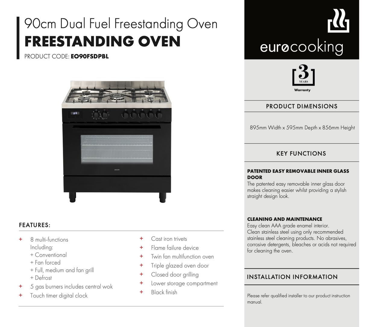 Euro Appliances EO90FSDPBL 90cm Freestanding Dual Fuel Black Finish Stove - Special Order