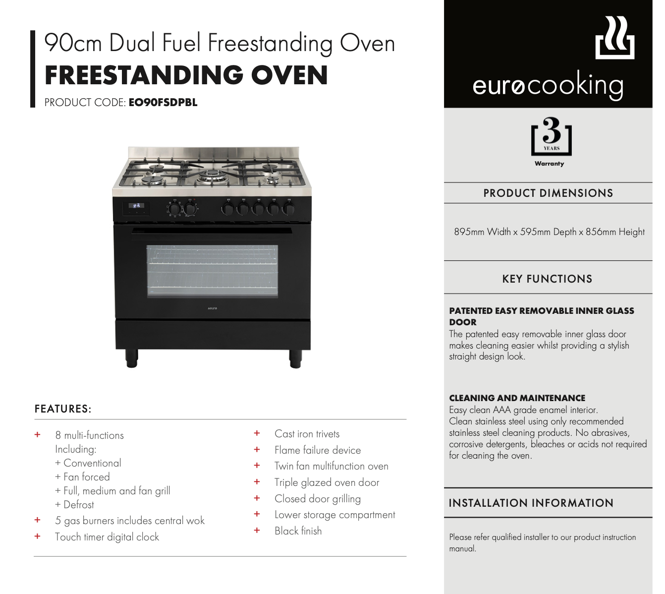 Euro Appliances EO90FSDPBL 90cm Freestanding Dual Fuel Black Finish Stove - Special Order
