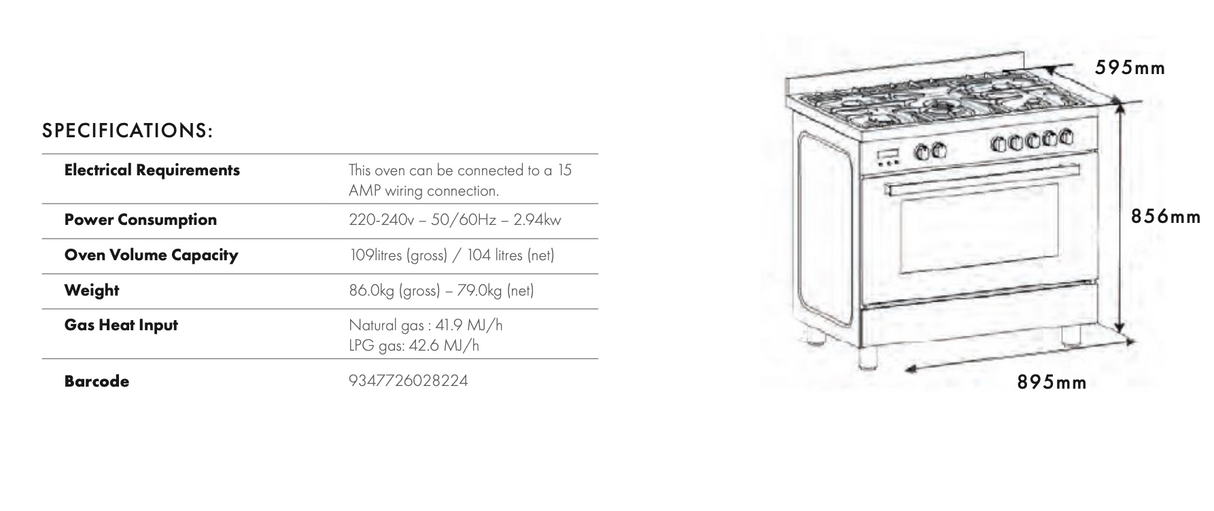 Euro Appliances EO90FSDPBL 90cm Freestanding Dual Fuel Black Finish Stove - Special Order