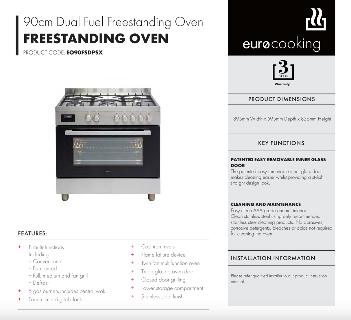 Euro Appliances EO90FSDPSX 90cm Freestanding Dual Fuel Stainless Steel Stove - Special Order