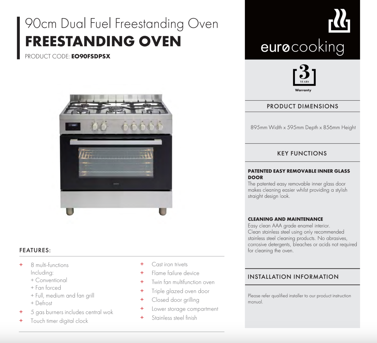 Euro Appliances EO90FSDPSX 90cm Freestanding Dual Fuel Stainless Steel Stove - Special Order