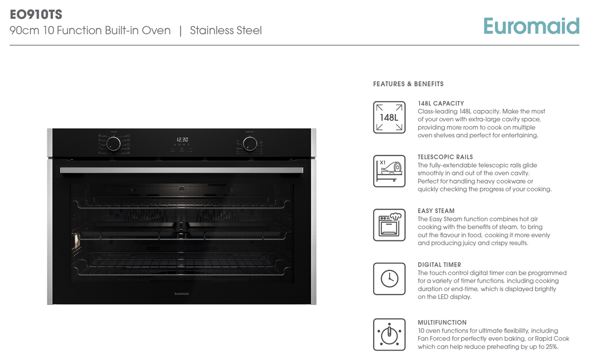 Euromaid EO910TS 90cm 10 Function Built-in Oven, Black Glass/Steel - Ex Display Discount
