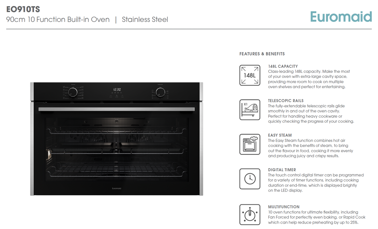 Euromaid EO910TS 90cm 10 Function Built-in Oven, Black Glass/Steel - Ex Display Discount