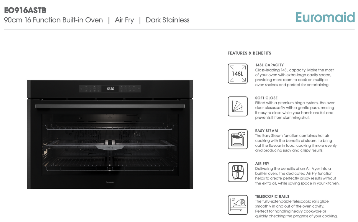 Euromaid EO916ASTB 90cm 16 Function Built-in Oven with Air Fry, Black Glass/Dark Steel - Ex Display Discount
