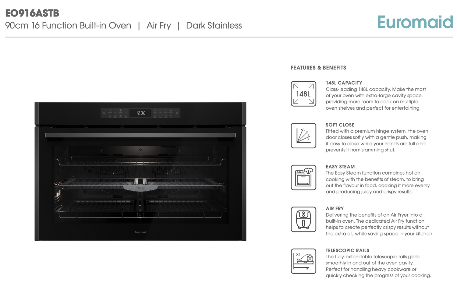 Euromaid EO916ASTB 90cm 16 Function Built-in Oven with Air Fry, Black Glass/Dark Steel - Ex Display Discount
