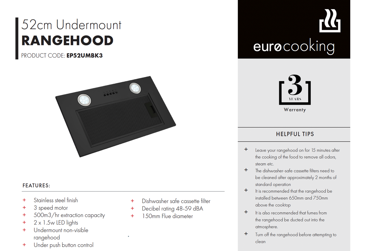 Euro Appliances EP52UMBK3 52cm Undermount Rangehood, Black