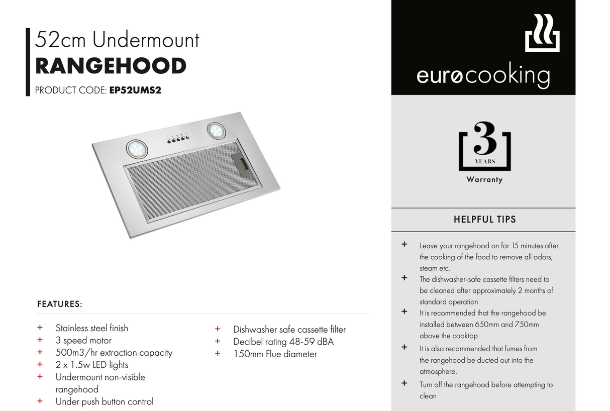 Euro Appliances EP52UMS2 52cm Under Mount Rangehood