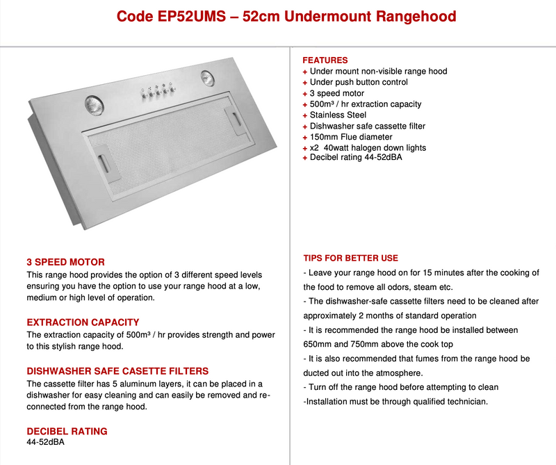 Euro Appliances EP52UMS 52cm Under Mount Rangehood - Ex Display Discount