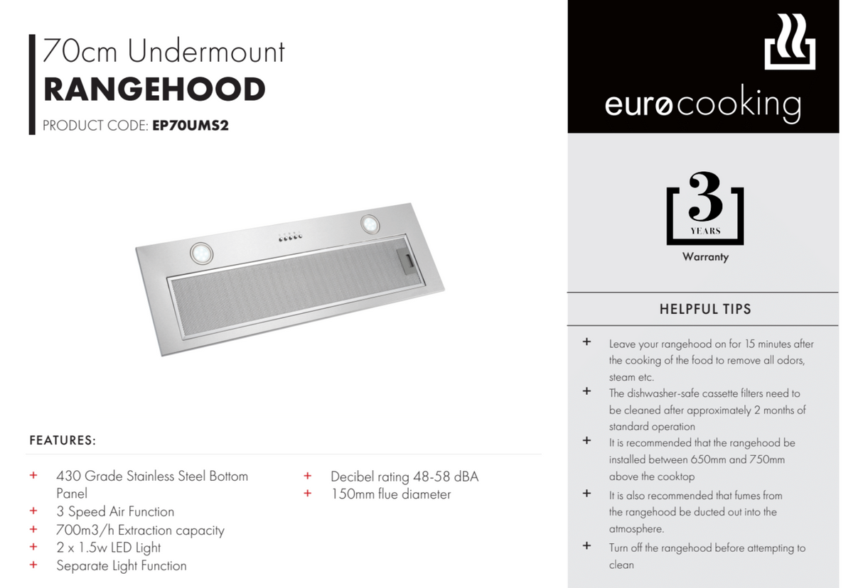 Euro Appliances EP70UMS2 700mm Undermount Stainless Steel Rangehood