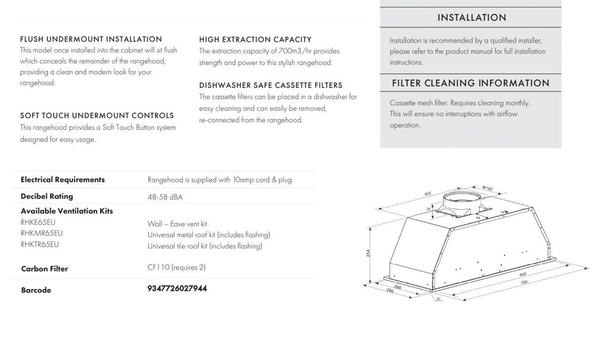 Euro Appliances EP70UMS2 700mm Undermount Stainless Steel Rangehood