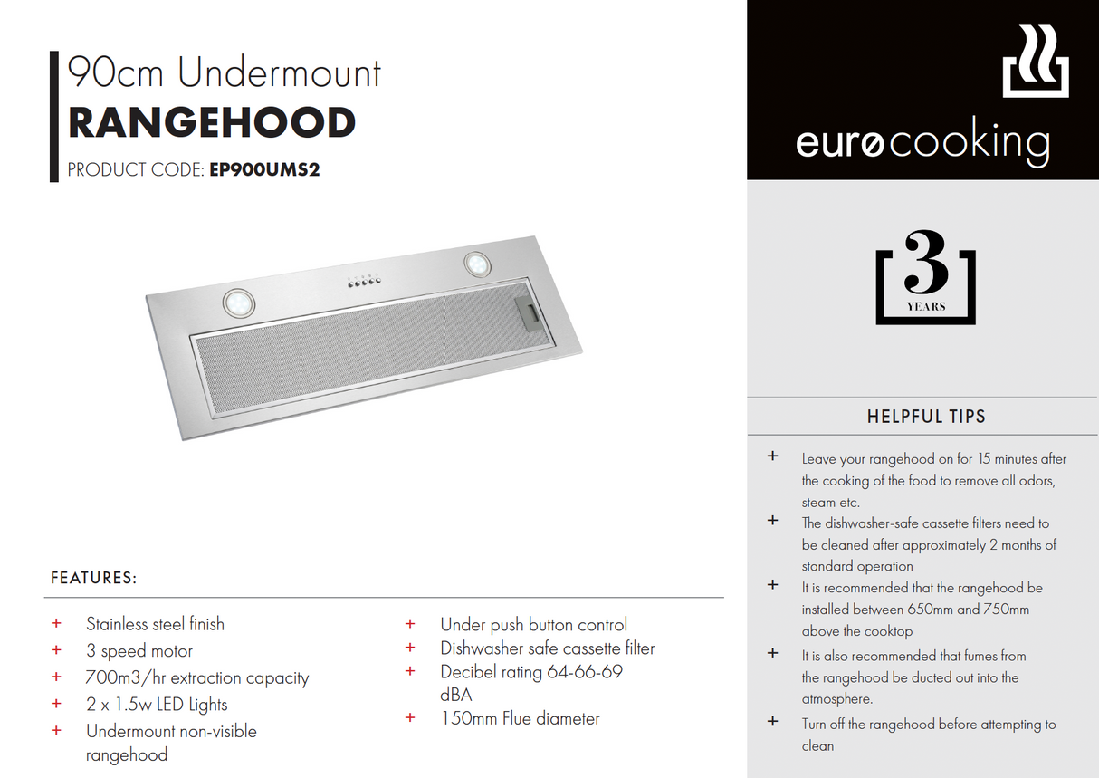 Euro Appliances EP900UMS2 900mm Stainless Steel Undermount Rangehood - Order for December 2025