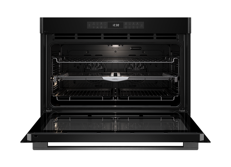 Euromaid EPO917ASTB 90cm 17 Function Built-in Oven with Pyrolytic Cleaning and Air Fry, Black Glass/Dark Stainless - Ex Display Discount