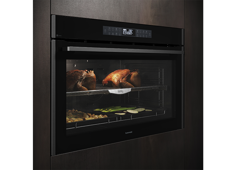 Euromaid EPO917ASTB 90cm 17 Function Built-in Oven with Pyrolytic Cleaning and Air Fry, Black Glass/Dark Stainless - Ex Display Discount