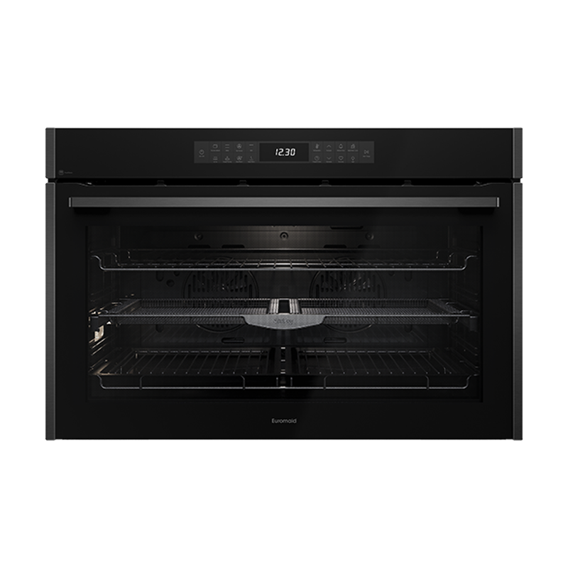 Euromaid EPO917ASTB 90cm 17 Function Built-in Oven with Pyrolytic Cleaning and Air Fry, Black Glass/Dark Stainless - Ex Display Discount