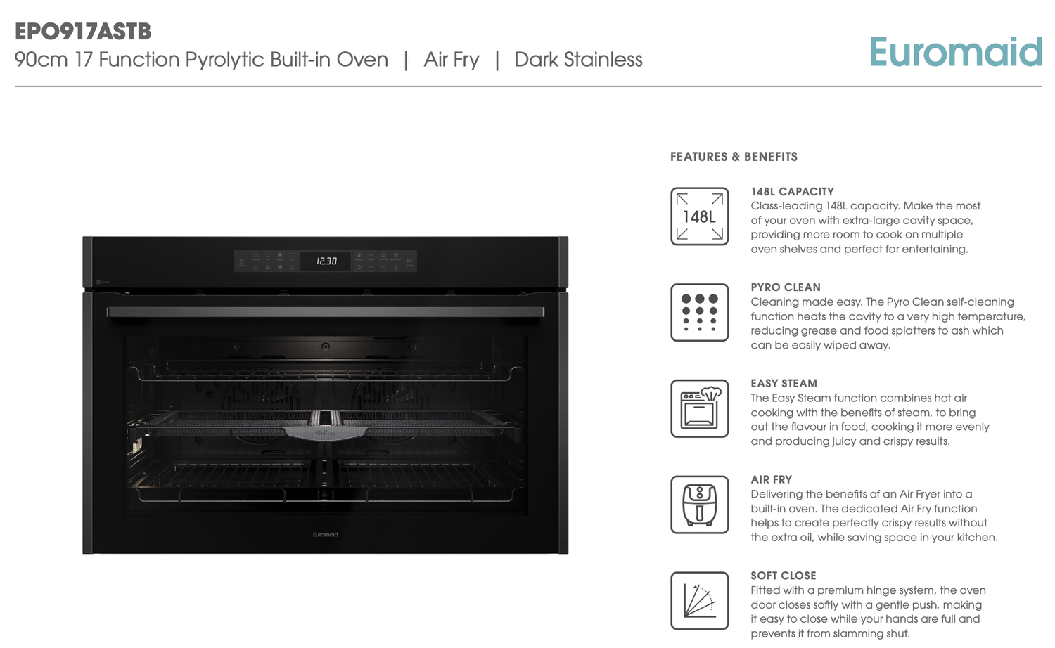 Euromaid EPO917ASTB 90cm 17 Function Built-in Oven with Pyrolytic Cleaning and Air Fry, Black Glass/Dark Stainless - Ex Display Discount