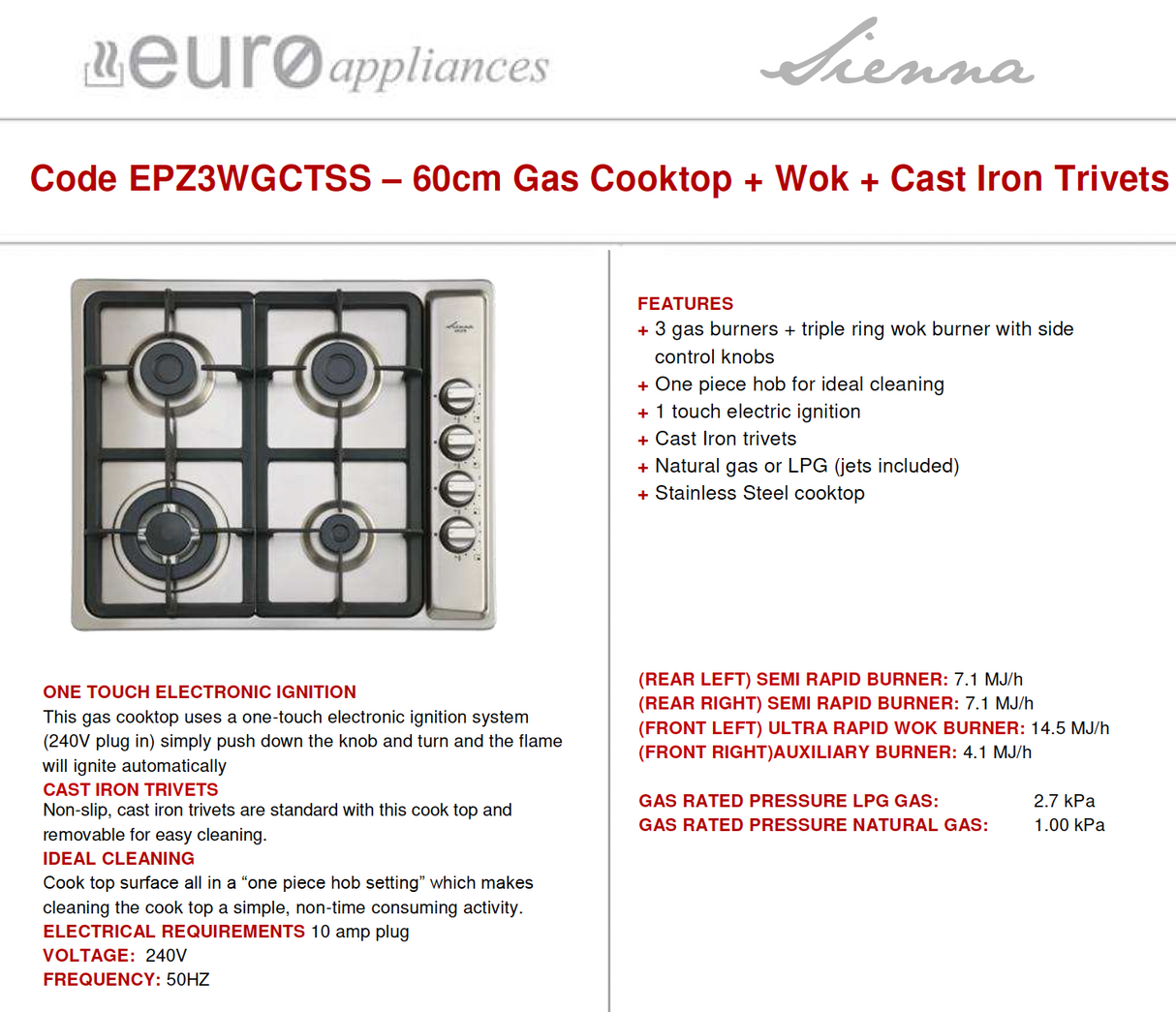 Euro Appliances EPZ3WGCTSS 4 Burner Stainless Steel Gas Cooktop