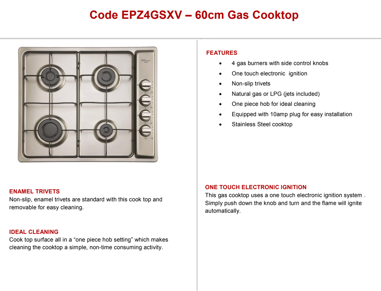 Euro Appliances EPZ4GSXV 4 Burner Stainless Steel Gas Cooktop - Ex Display