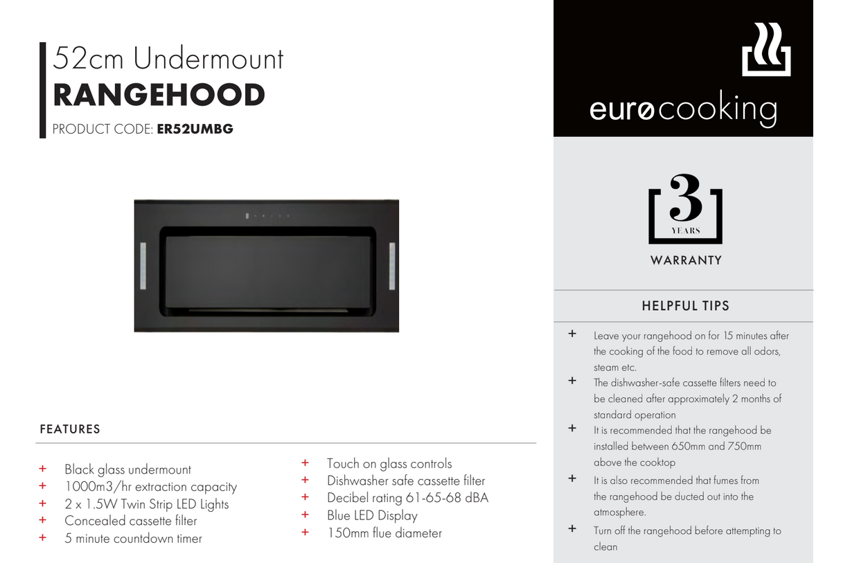 Euro Appliances ER52UMBG 52cm Black Glass Undermount Rangehood - Special Order