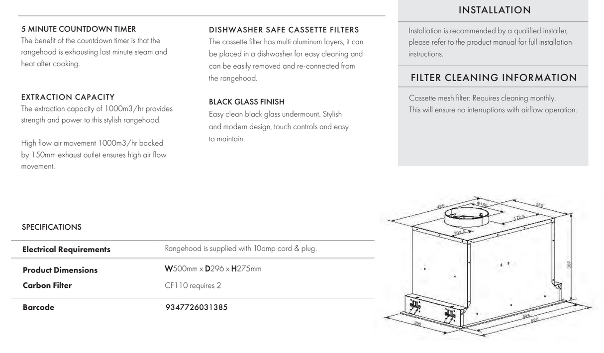 Euro Appliances ER52UMBG 52cm Black Glass Undermount Rangehood - Special Order