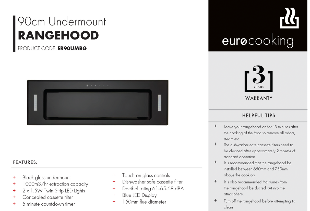 Euro Appliances ER90UMBG 90cm Black Glass Undermount Rangehood