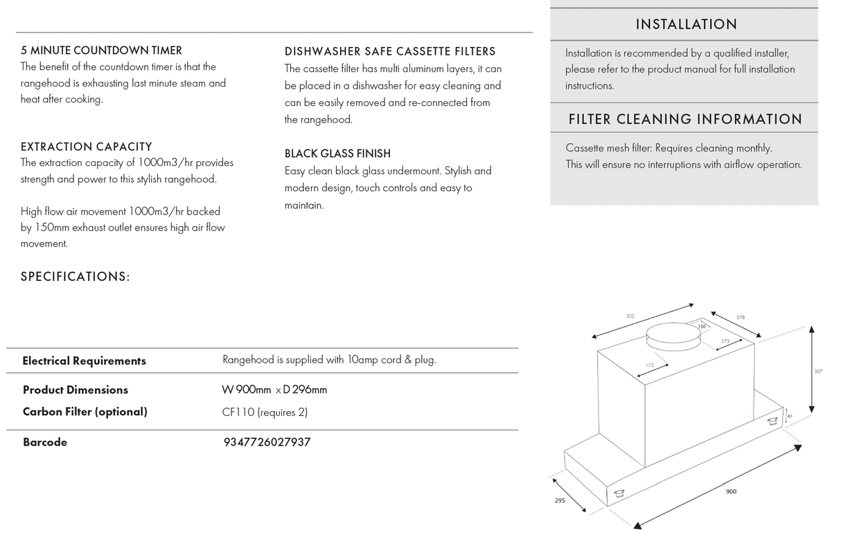 Euro Appliances ER90UMBG 90cm Black Glass Undermount Rangehood