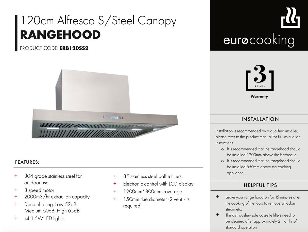 Euro Appliances ERB120SS2 120cm Stainless Steel BBQ Canopy Rangehood