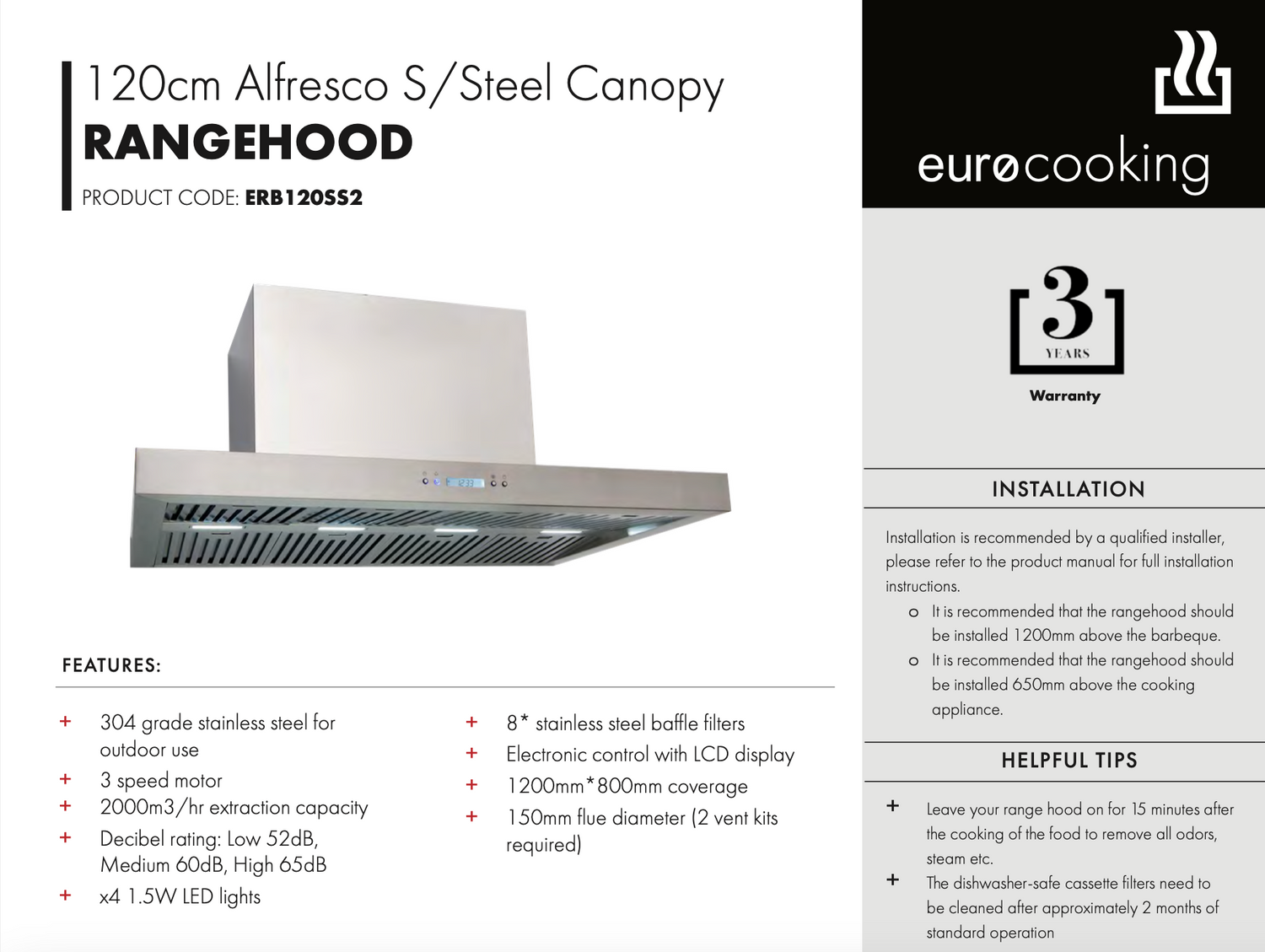 Euro Appliances ERB120SS2 120cm Stainless Steel BBQ Canopy Rangehood