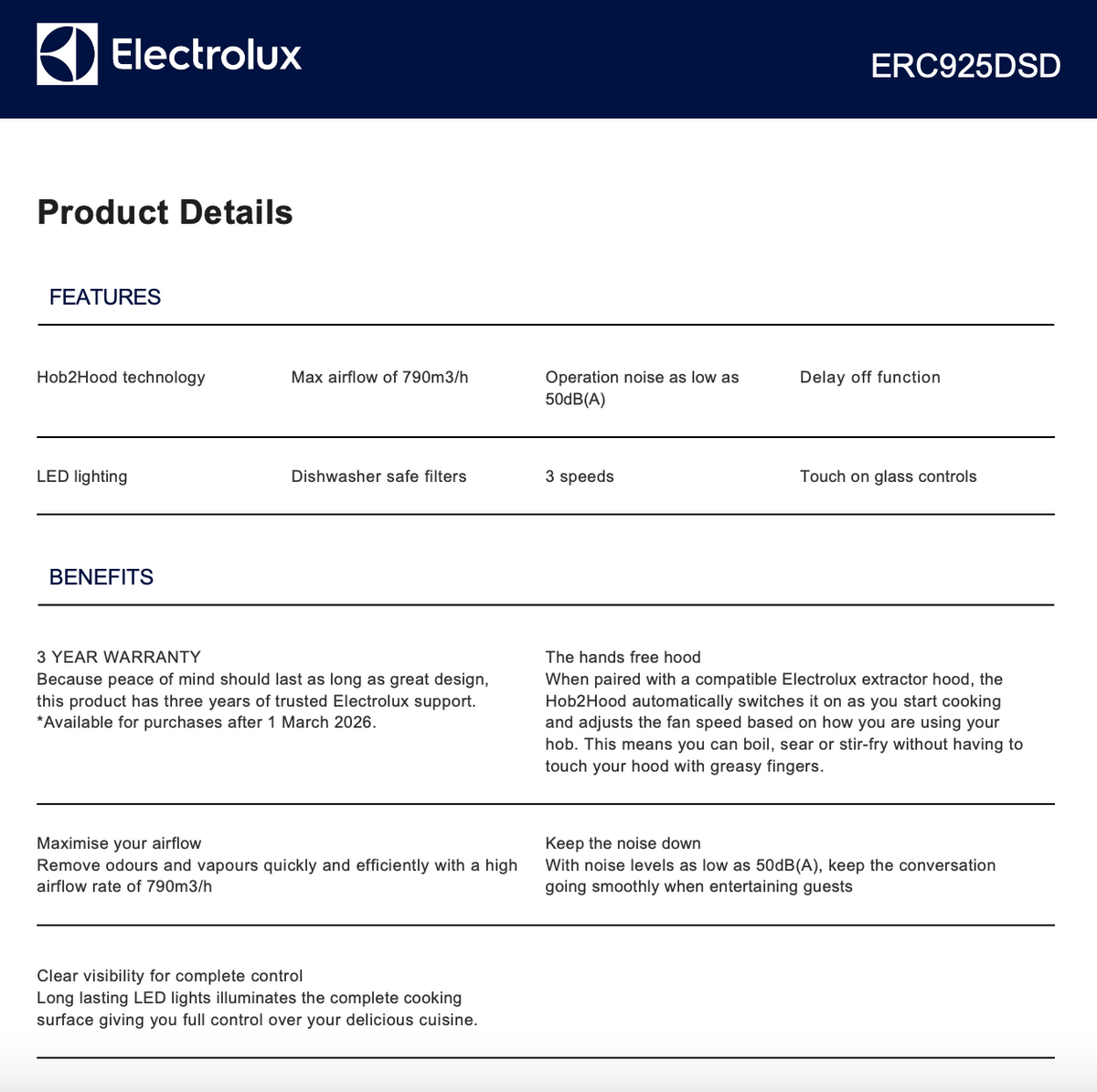 Electrolux ERC925DSD 90cm Canopy Rangehood - Electrolux Factory Seconds