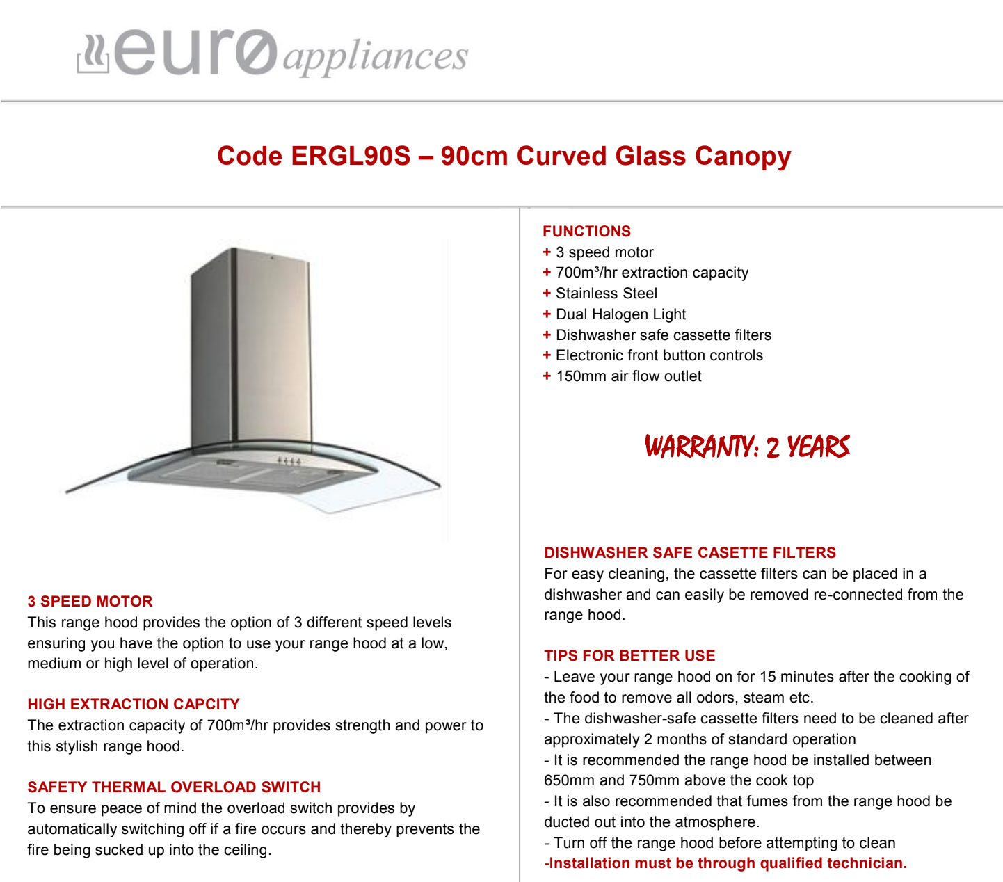 Euro Appliances ERGL90S 90cm Curved Glass Canopy - Ex Display Discount