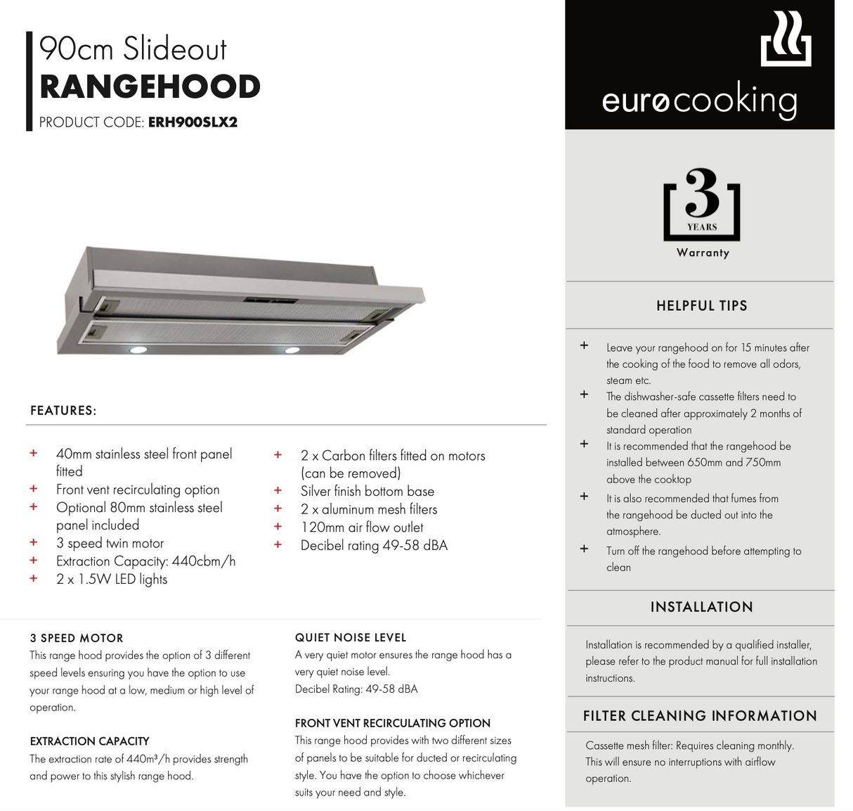 Euro Appliances ERH900SLX2 90cm Slideout Rangehood