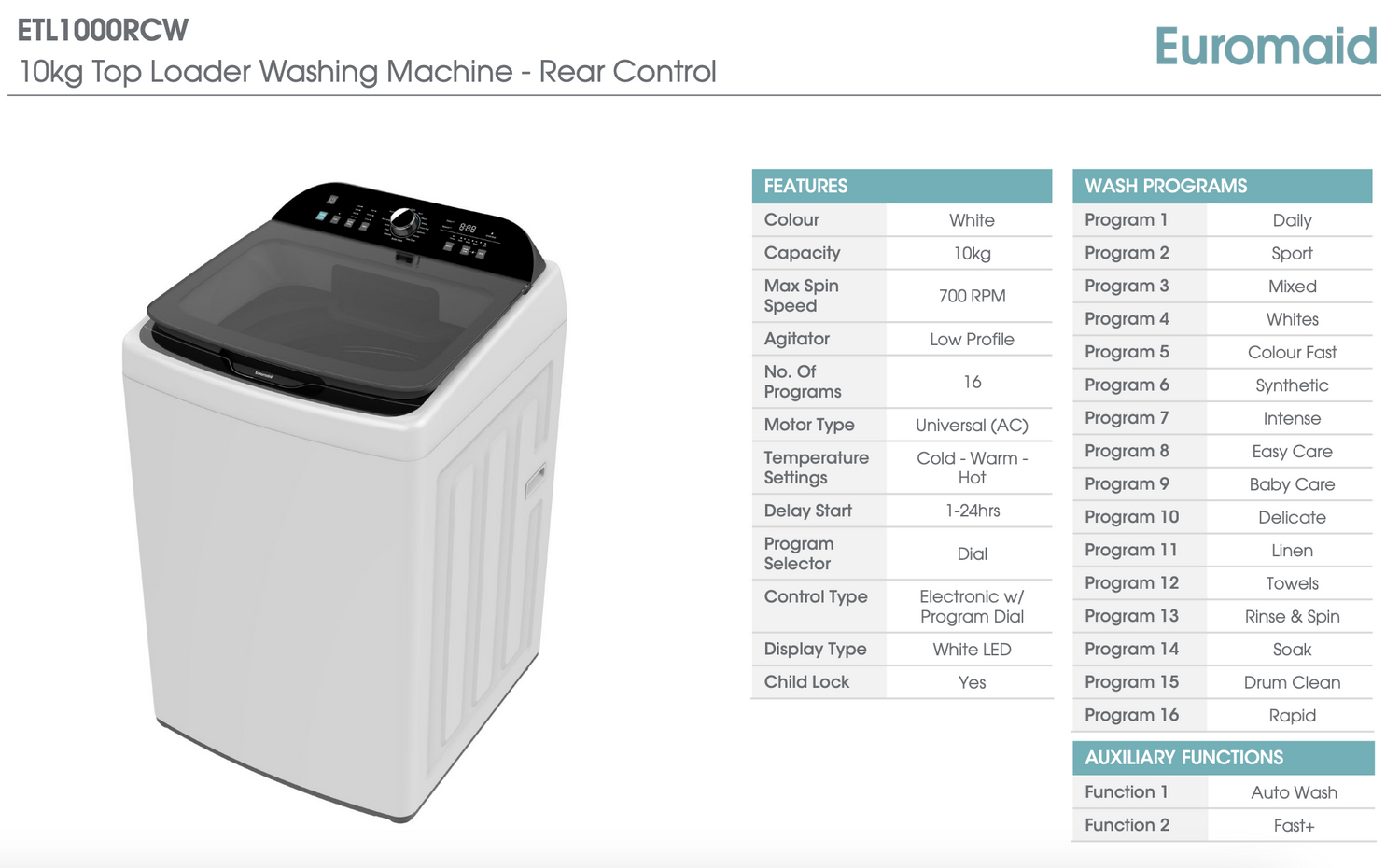Euromaid ETL1000RCW 10kg White Top Load Washing Machine - Online Only