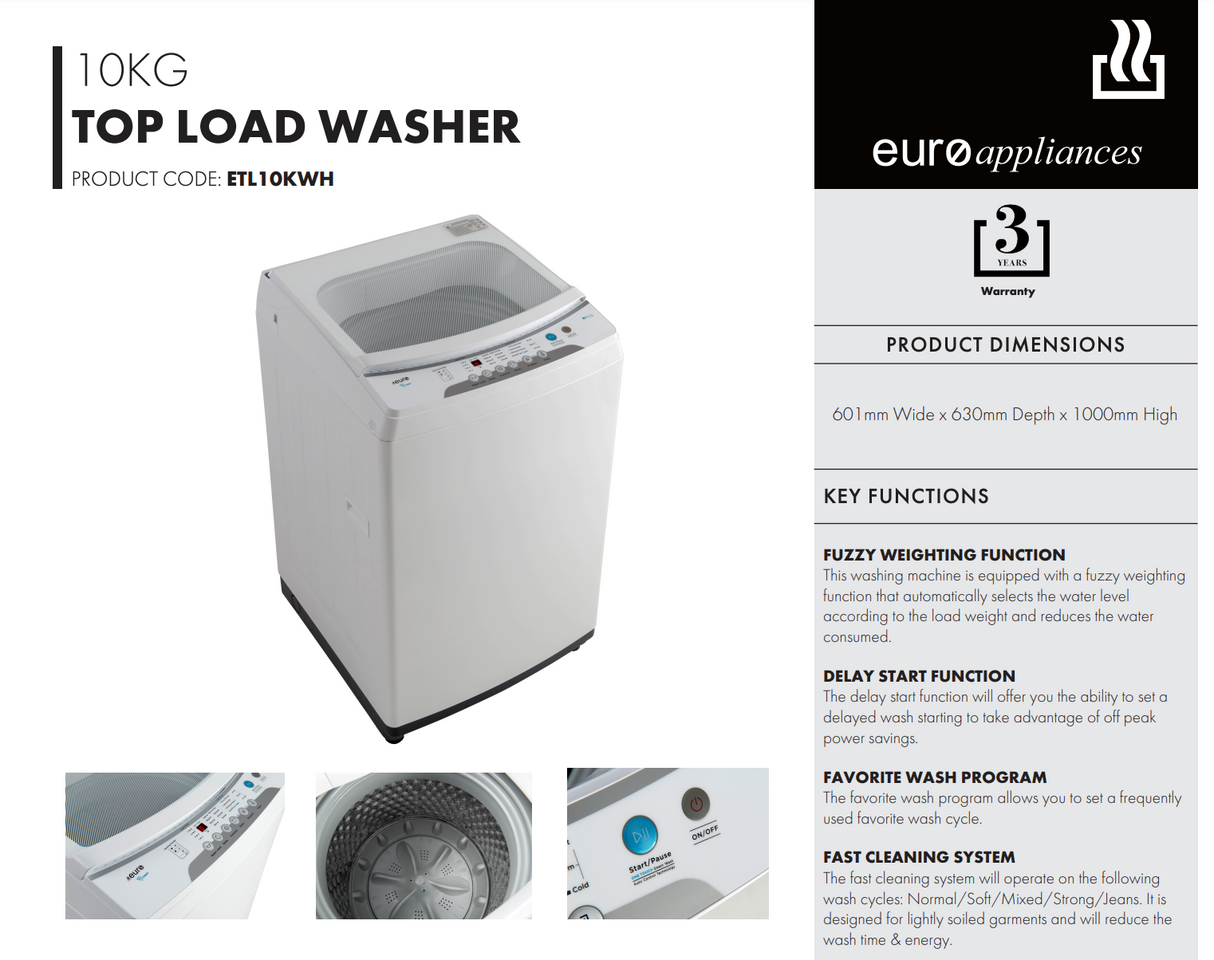 Euro Appliances ETL10KWH 10kg Top Load Washing Machine - Online Only
